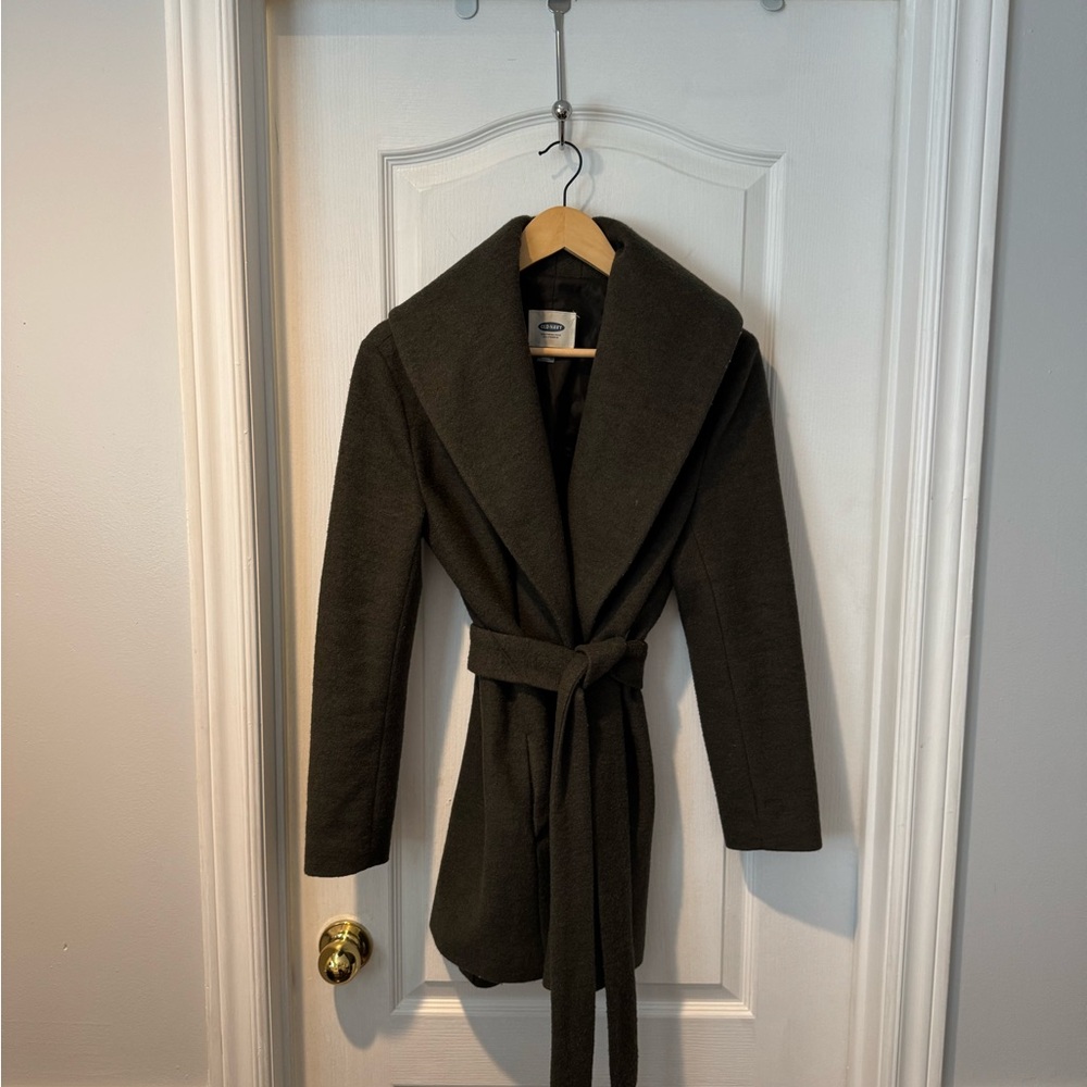 Olive Belted Coat with Strong Lapels